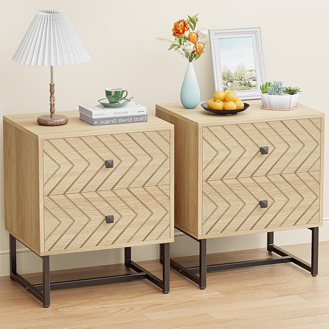 HOCAT Modern Nightstand Set of 2,Morden Night Stand with 2 Drawers,End Tables with Storage,Bedside Tables for Bedroom,Oak