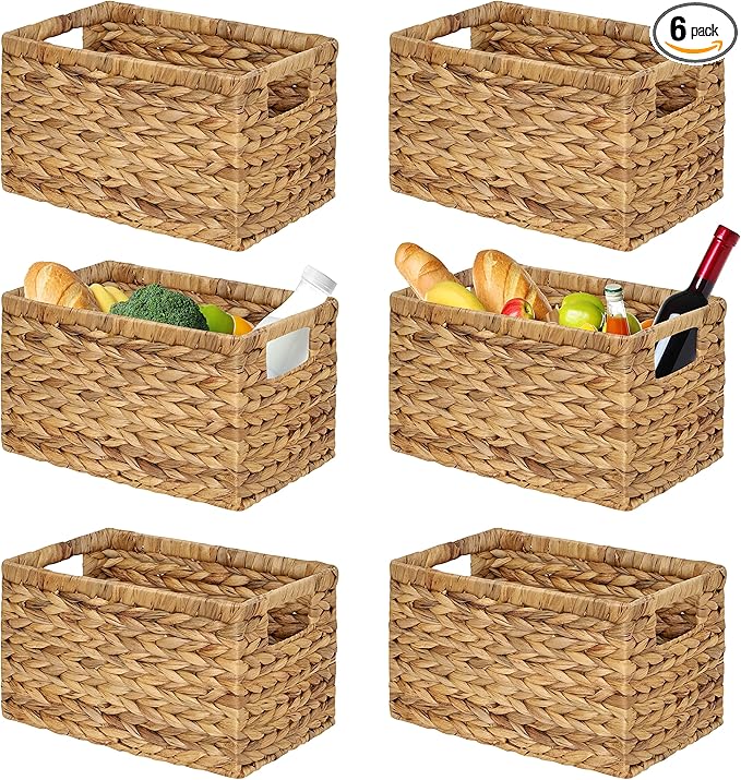 BARIEN Set of 6 Natural Water Hyacinth Woven Storage Baskets 12.6” x 8” x 7”, Rectangular Wicker Basket with Built-in Handles, Medium (Natural - Set of 6)