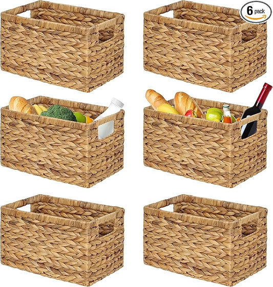 BARIEN Set of 6 Natural Water Hyacinth Woven Storage Baskets 12.6” x 8” x 7”, Rectangular Wicker Basket with Built-in Handles, Medium (Natural - Set of 6)