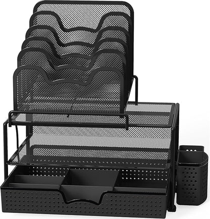 Simple Houseware Mesh Desk Organizer with Sliding Drawer, Double Tray and 5 Stacking Sorter Sections, Black