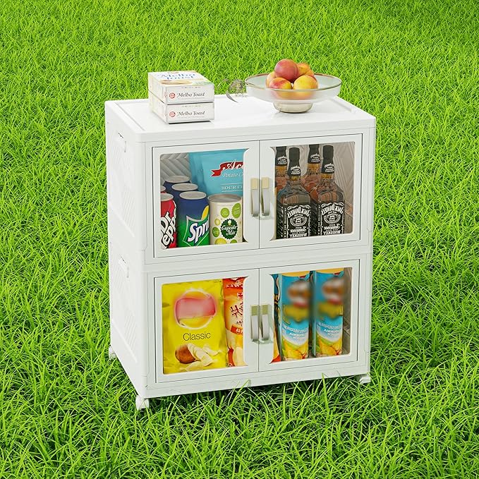 Vavkorkula Large Clear Stackable Storage Bins with Lids, 90QT-45QT*2Tier Foldable Cabinet for Closet Organizers, Plastic Storage Box with Wheels White