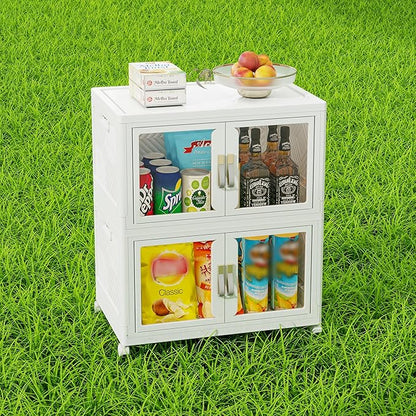 Vavkorkula Large Clear Stackable Storage Bins with Lids, 90QT-45QT*2Tier Foldable Cabinet for Closet Organizers, Plastic Storage Box with Wheels White