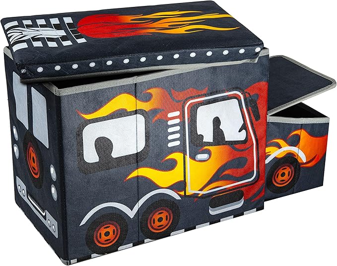 KAP Toy box for boys, Junior size, interactive Light up LED Toy chest, Children's Decorative Racing Truck Storage Bin, Toy Storage, Foldable Storage/Toy Box, Pop up Organizer, (Racing Collection)