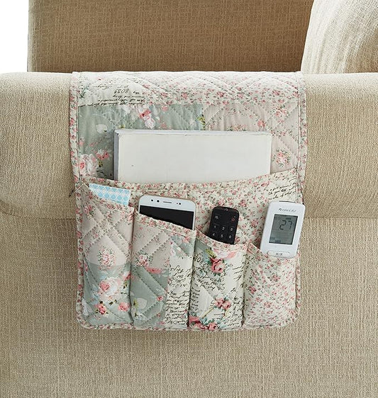 Brilliant Sunshine Rose and Sage Patchwork Sofa Armrest 5 Pockets Organizer, Slip Resistant Armchair Caddy, Washable Remote Controls Holder, Storage for Magazine, Tablet, Phone, iPad,35×13",Rose Sage