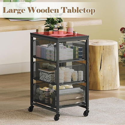 Under Desk Storage Cart with Lockable Wheels, 3-Drawer Rolling Storage Cart, Metal Utility Cart with Drawers for Art Cart, Craft Cart, Classroom, Office, Kitchen, Bedroom