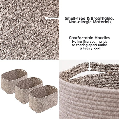 CHAT BLANC Cotton Rope Baskets for Organizing | Storage Baskets for Shelves | Rope Basket for Storage, Small Laundry Baskets, Woven Baskets for Storage, Dog Toy Bin, Baby Basket, Brown 3 Pack