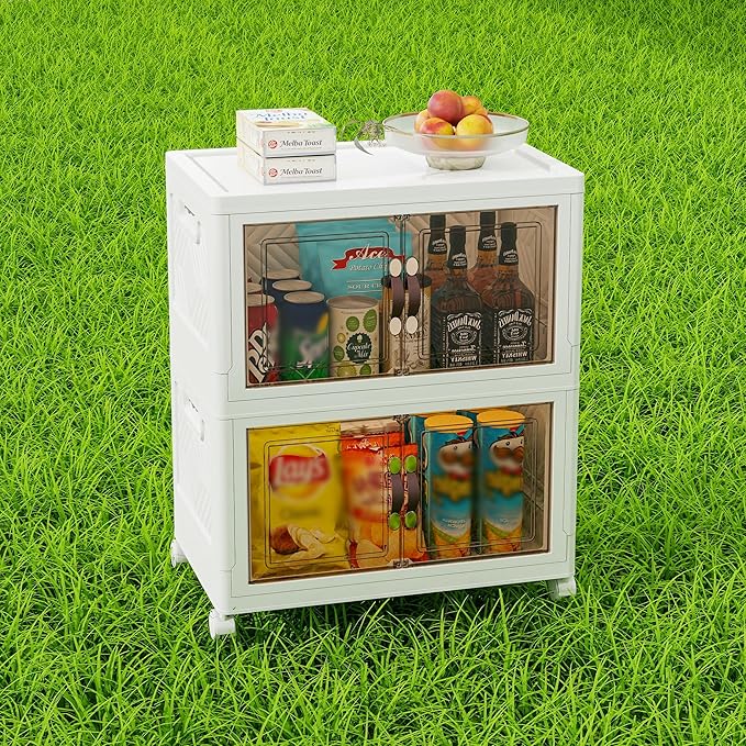 Vavkorkula Storage Bins with Lids and Wheels, 90QT-45QT*2Tier Collapsible Bathroom Storage Cabinet with Clear Doors, Plastic Stackable Closet Organizers and Containers White