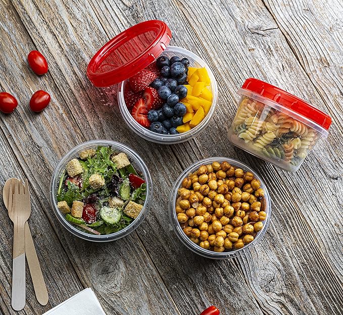 ELEGANT DISPOSABLES (16 Ounce 20 Pack) Twist cap Containers Clear Bottom With Red Top Screw on Lids Twist Top Food Storage Freezer Containers