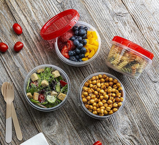 ELEGANT DISPOSABLES (16 Ounce 10 Pack) Twist cap Containers Clear Bottom With Red Top Screw on Lids Twist Top Food Storage Freezer Containers